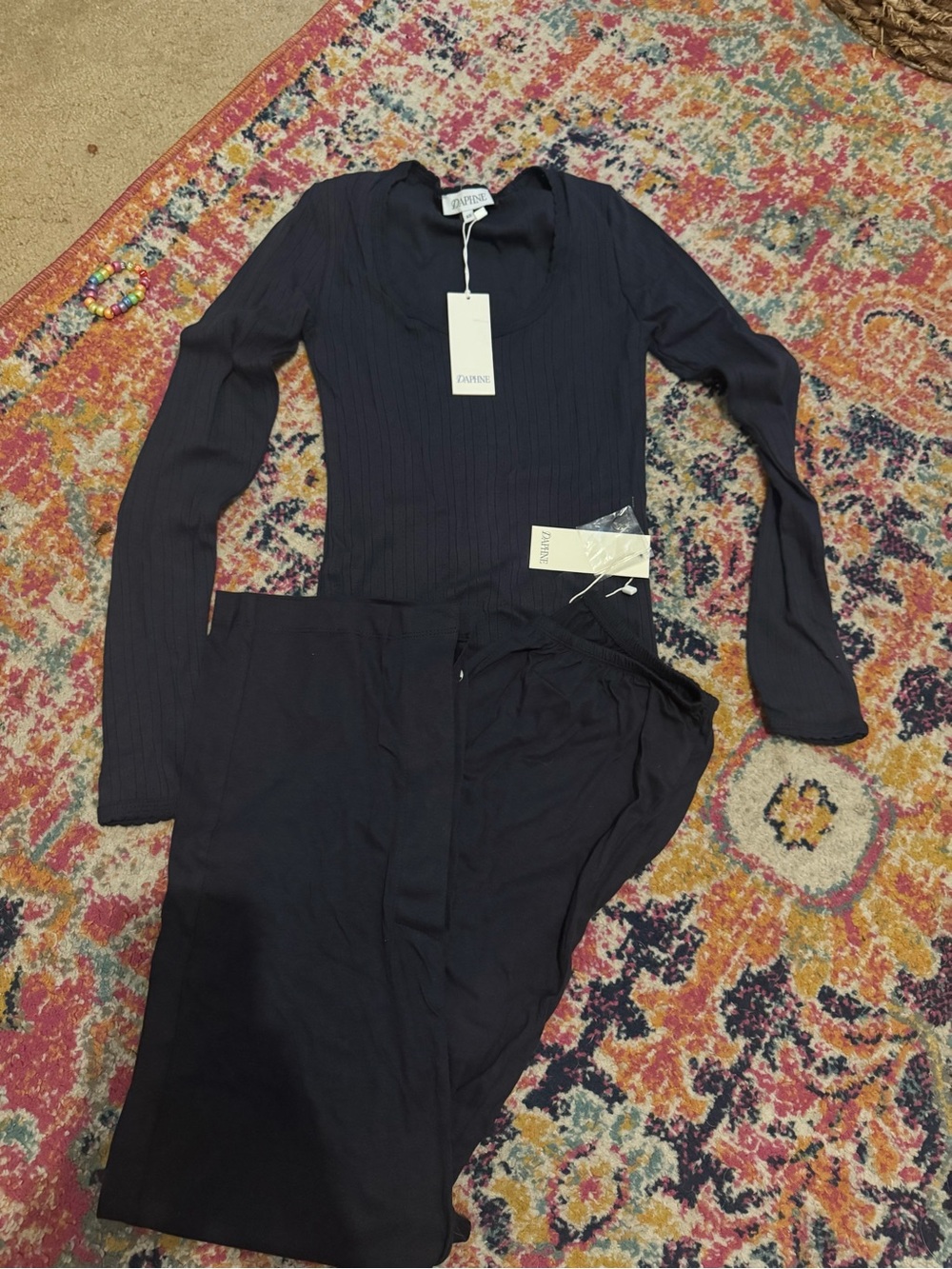 Daphne Navy Ribbed Knit Jumpsuit Set (Paige Desorbo)